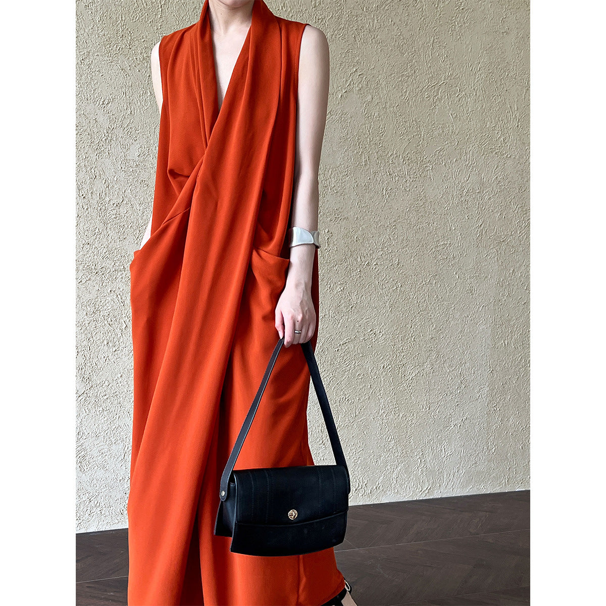 Elegant V neck Sleeveless Twisted Waist Dress Women Slimming Irregular Asymmetric High Grade Hong Kong Long Dress by Ragazza