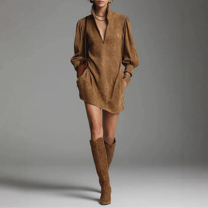 Elegant Solid Color Long Sleeve Zipped Stand Collar Dress Retro by Ragazza