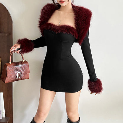 Autumn Winter Women Clothing Sexy Dignified Sense of Design Plush Stitching Long Sleeve Narrow Dress Set for Women by Ragazza