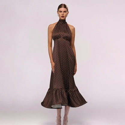 French Halter Polka Dot Satin Dress Sexy Elegant Backless Waist Trimming Dress by Ragazza