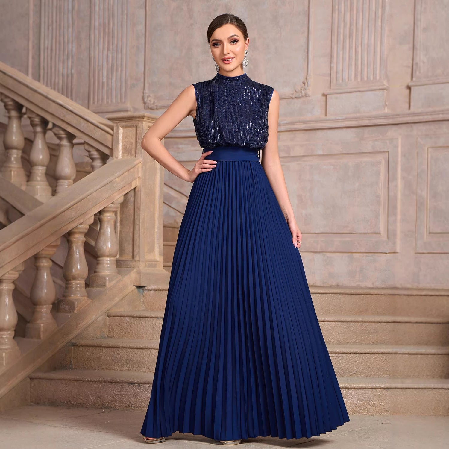 Sequined Backless High Waist Pleated Dress Women Summer Elegant Dress by Ragazza