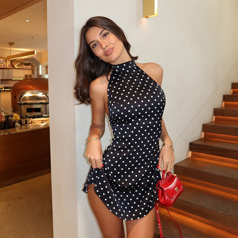 Elegant French Halter Backless Slim Fit Polka Dot Printed Sexy Sexy A line Dress by Ragazza