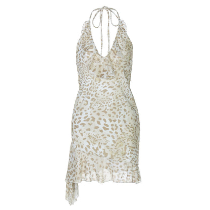 Summer Sexy Leopard Print Printed Sexy Deep V Plunge Sheath Wooden Ear Halter Dress Women by Ragazza