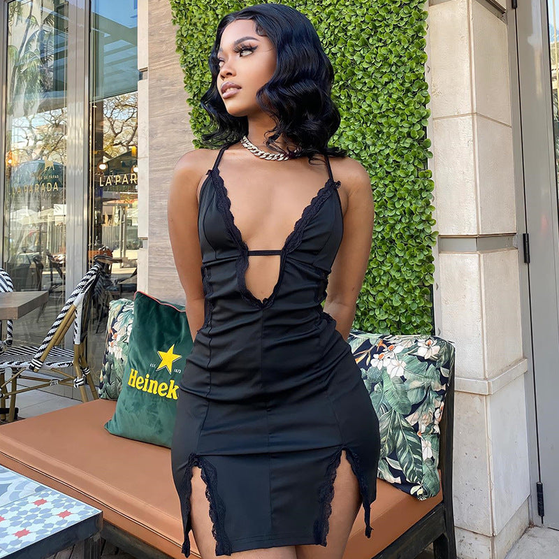 Women Clothing Suspender Cutout Street Hipster Lace Patchwork Slit Hip Dress by Ragazza