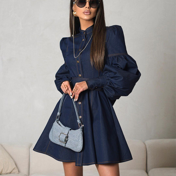 Denim Shirt Dress Niche Design Lantern Sleeve Lace up Graceful Fashionable Dress by Ragazza