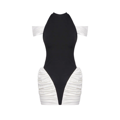 Summer Women Clothing Color Contrast Patchwork Sexy Hourglass Pleated Halter Dress Sleeveless Dress by Ragazza