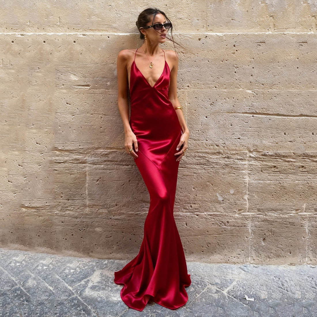 Elegant Satin Evening Dress Cocktail Wine Red Sexy V neck Strap Dress Backless Fishtail Dress by Ragazza