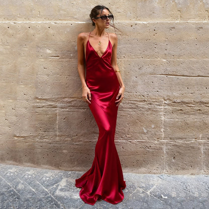 Elegant Satin Evening Dress Cocktail Wine Red Sexy V neck Strap Dress Backless Fishtail Dress by Ragazza