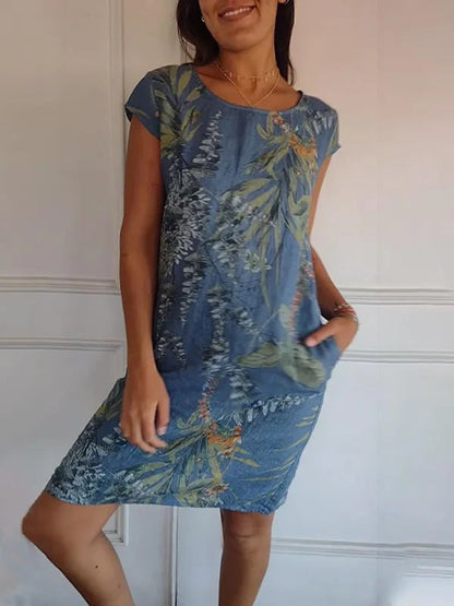 Women Clothing Summer Cotton Linen round Neck Printed with Pocket by Ragazza