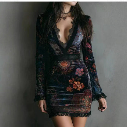 V neck Lace Printed Long Sleeved Dress Sexy Waist Trimming Hip Dress by Ragazza