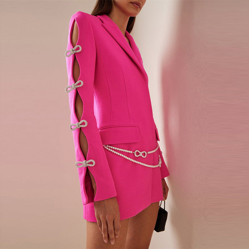 Dyed Fabric Dignified Sense of Design Sleeve Hollow Out Cutout Jeweled Bow Pearl Blazer Dress by Ragazza