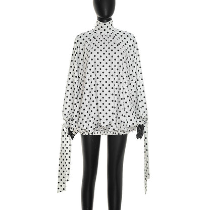 Women Clothing Autumn Casual Polka Dot Printed Round Neck Drawstring Long Sleeve Ribbon Short Dress  DestGlow
