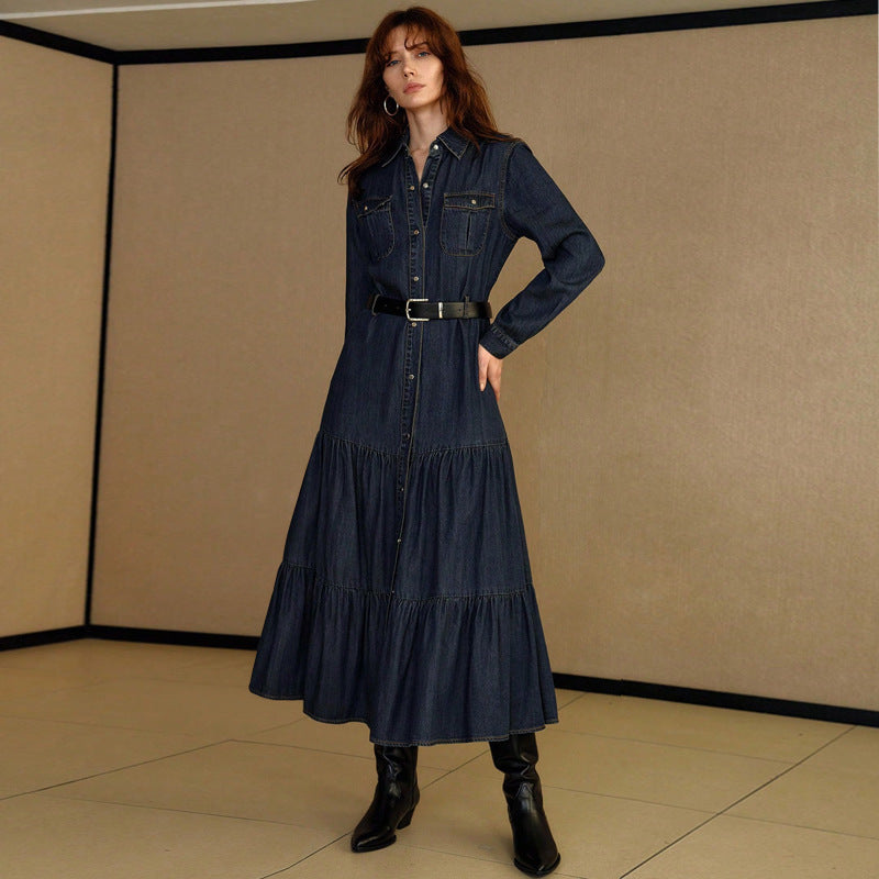 Women Clothing Denim Long Sleeve Breasted Waist Dress（Without Belt） by Ragazza