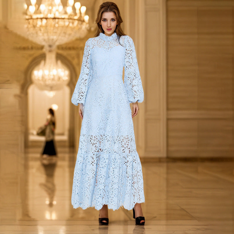 Spring Maxi Dress Stand Collar Machine Embroidery Lantern Sleeve Waist Tight High Sense Dress Women by Ragazza