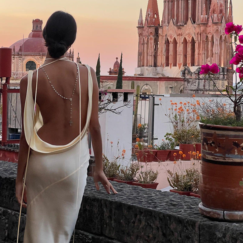 Women off Shoulder Dress Sexy Backless Satin Dress Light Luxury Dress Elegant Fishtail by Ragazza