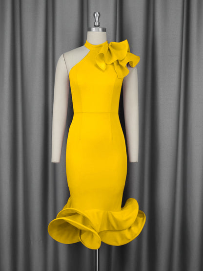 Elegant Half Turtleneck Ruffled Dress off Shoulder Ruffled Hem Cocktail Evening Dress by Ragazza