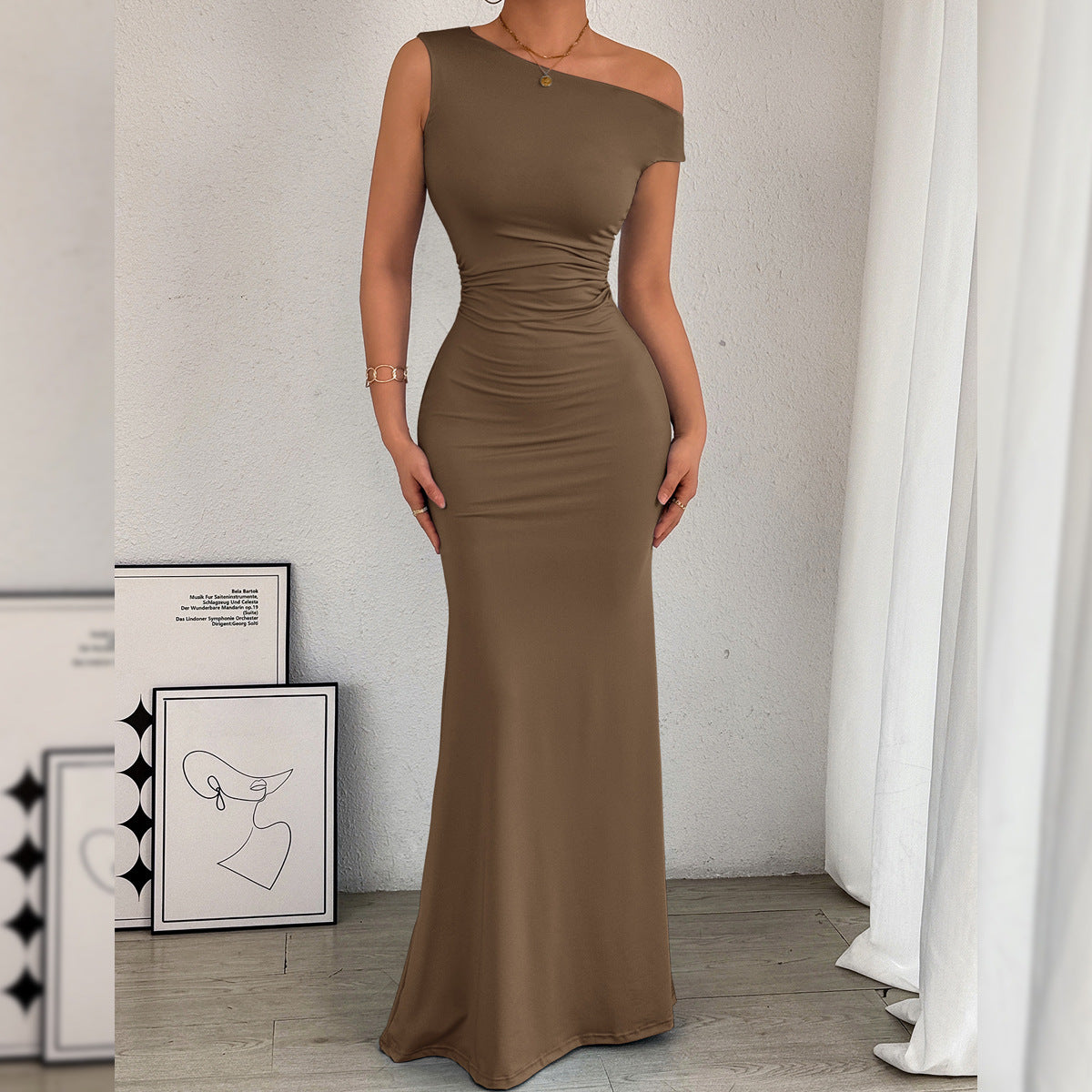 Women Fishtail Dress Slant Shoulder Collar Waist Pleated Sleeveless Sexy Dress by Ragazza