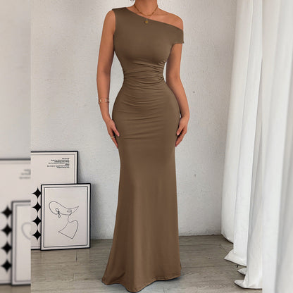 Women Fishtail Dress Slant Shoulder Collar Waist Pleated Sleeveless Sexy Dress by Ragazza