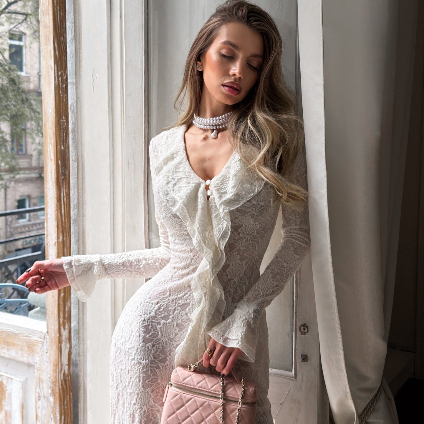 Fall Lace Knitted Stitching Dress Women V neck Slim Fit Polyester Cotton Long Sleeve Irregular Asymmetric Maxi Dress  DestGlow
