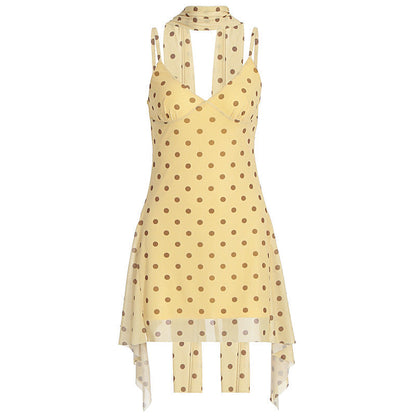 Cami Dress Elegant Halter Ribbon Printing Polka Dot Dress Women Summer  DestGlow