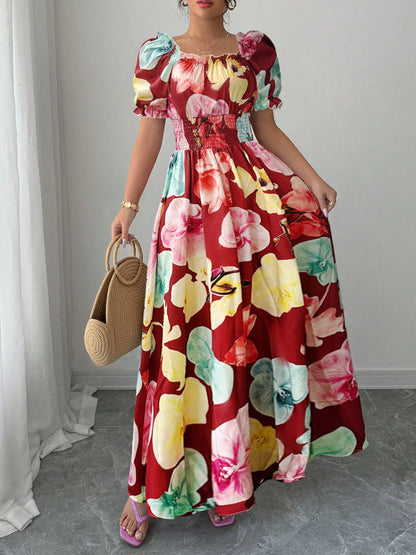 Summer Bubble Sleeve High Waist Tight Waist Women Printed Wear Large Swing Sling Dress by Ragazza