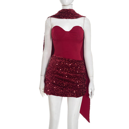Women Clothing Autumn Winter Sexy Halter Ribbon Asymmetric Pleated Draped Mini Dress by Ragazza