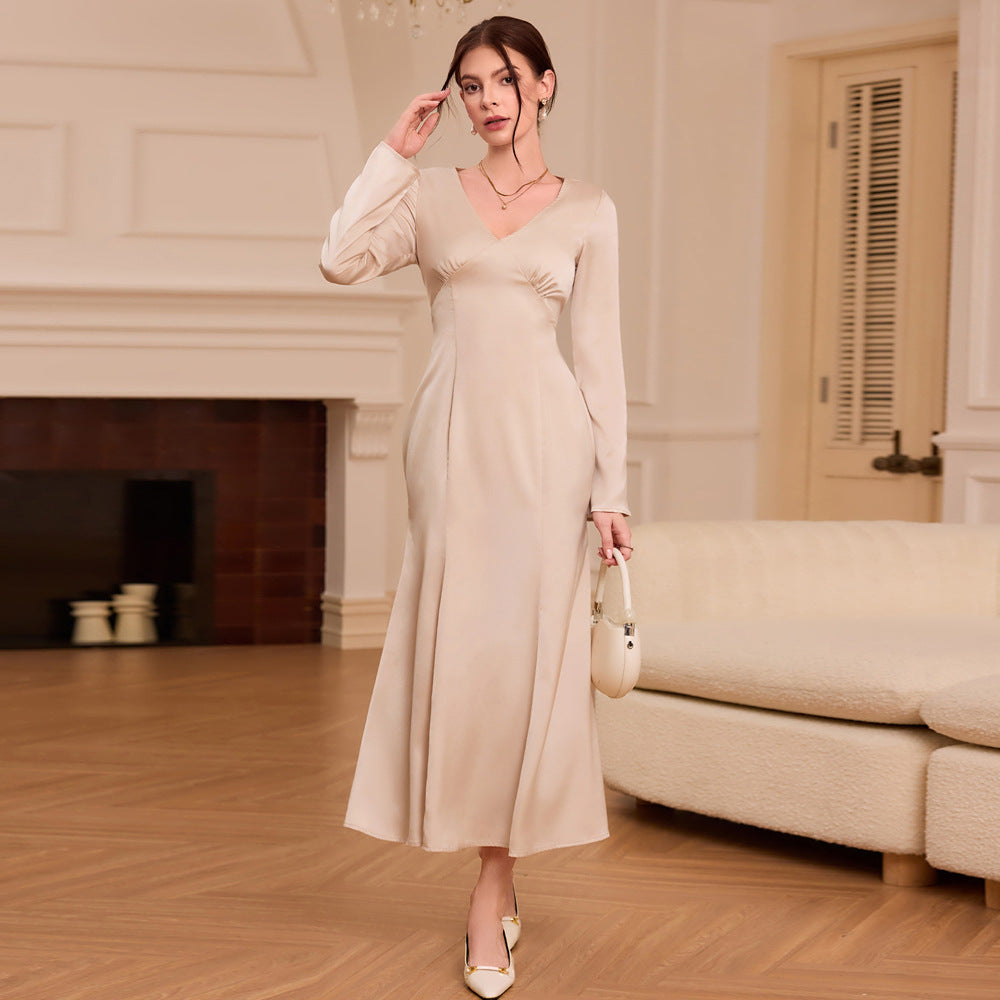 Women Clothing French V neck Satin Dress Autumn Winter High Waist Slim Dress  DestGlow