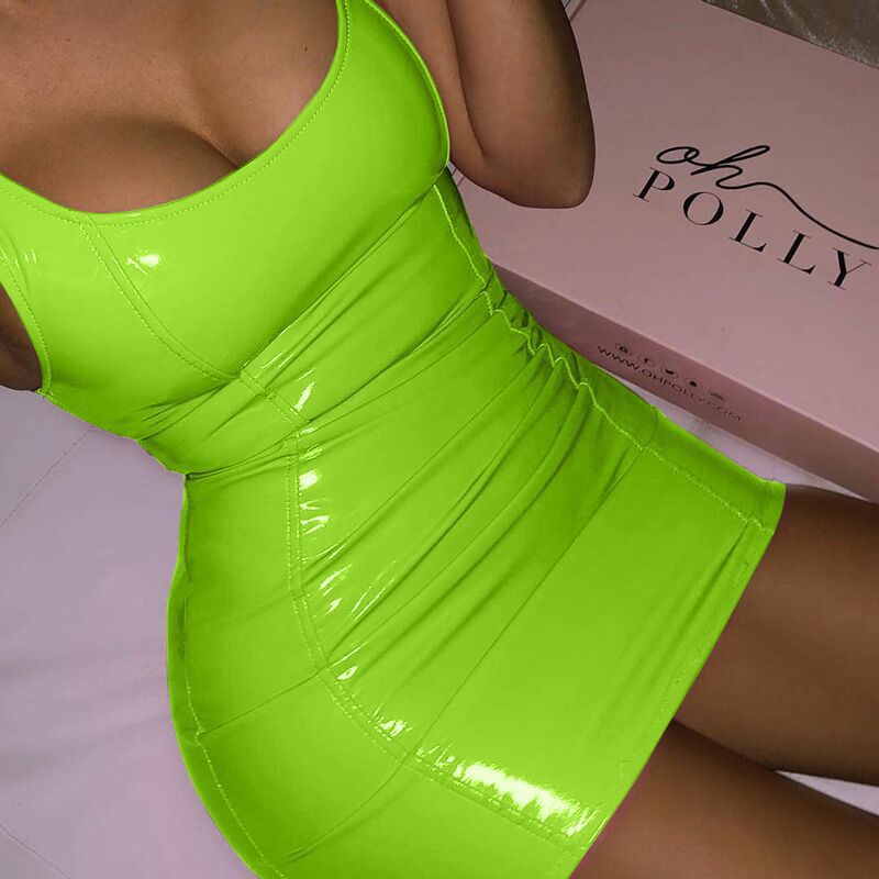 Metallic Coated Fabric Faux Leather Solid Color Sling Dress Women Tight Leather Sexy Sleeveless Leather Sexy Hip by Ragazza