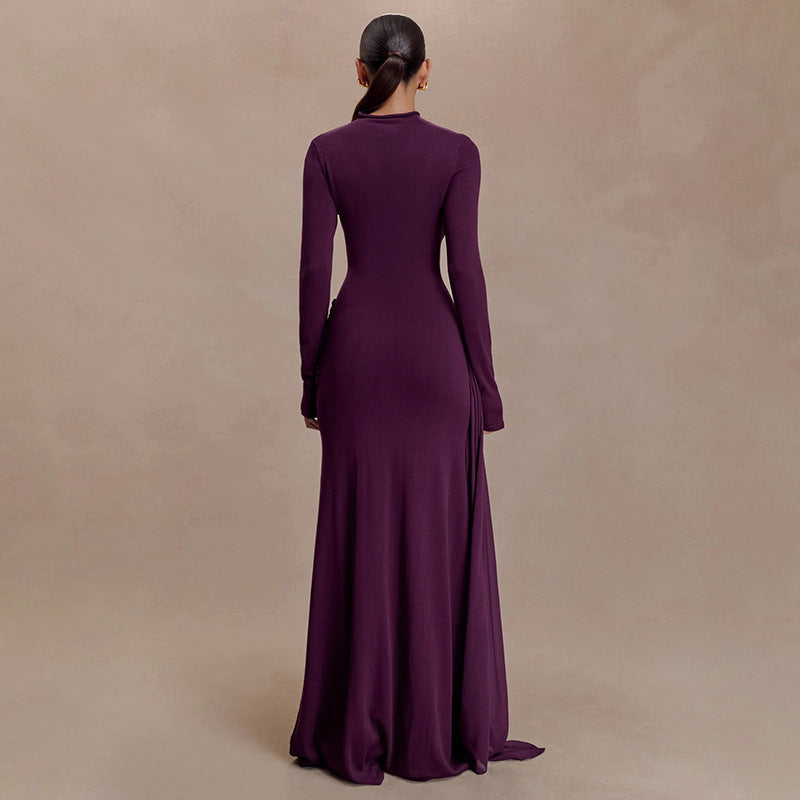 Women Clothing Winter Solid Color High Collar Long Sleeve Pinch Pleated Ribbon Elegant Maxi Dress by Ragazza