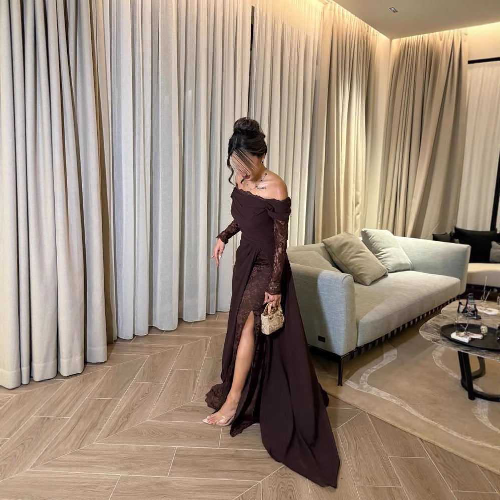 Spring Summer Women Clothing Tube Top Stitching Lace Long Sleeve Big Hem Elegance Retro Dress by Ragazza