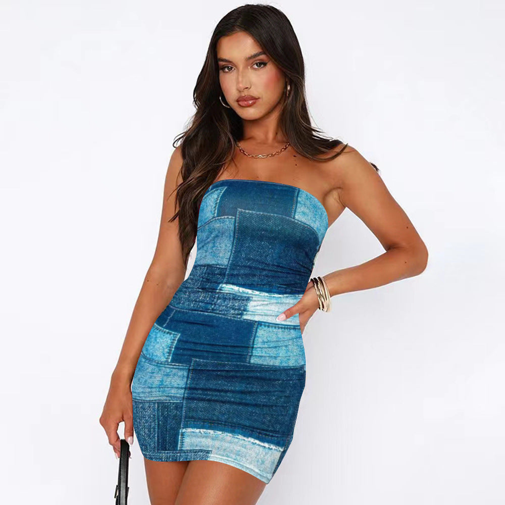 Women Clothing Summer Printed Slim Fit Sheath Dress Denim Color Advanced Tube Top by Ragazza
