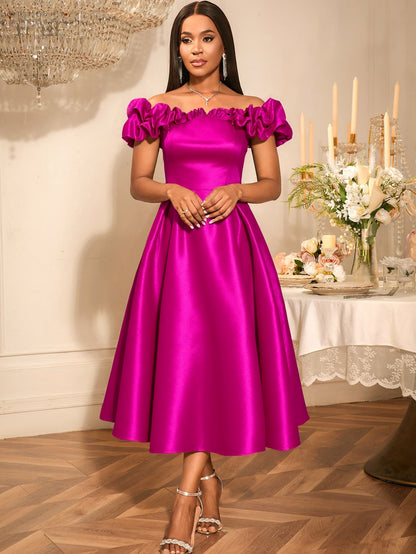 Sexy off the Shoulder Puffy Pleated Waist Tight a Expansion Dress Cocktail Wedding Bridesmaid Midi Dress by Ragazza