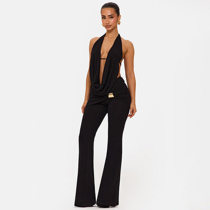 Women Clothing Winter Hanging Collar Backless Top Metal Buckle Bootcut Pants Two Piece Set by Ragazza