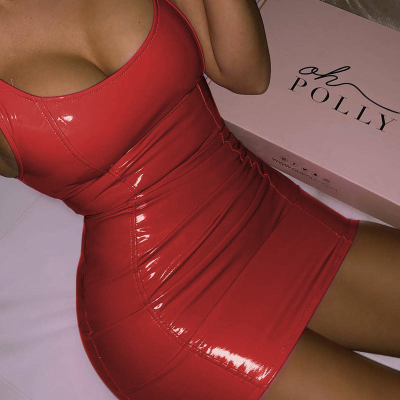 Metallic Coated Fabric Faux Leather Solid Color Sling Dress Women Tight Leather Sexy Sleeveless Leather Sexy Hip by Ragazza