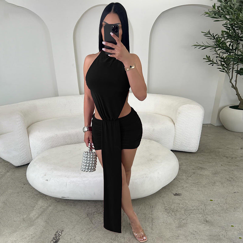 Women Clothing Spring Solid Color Stitching Sexy Slim Hollow Out Cutout Ribbon Short Sleeveless Dress by Ragazza