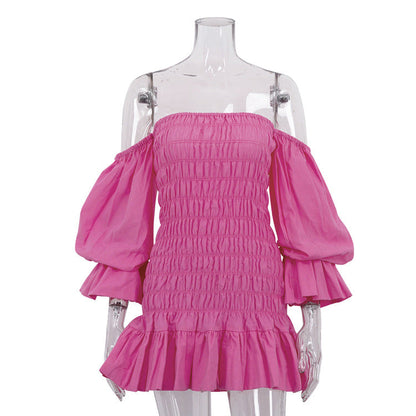 Women Clothing Pink off Shoulder Tube Top Dress Pleated Ruffled Puff Sleeve Backless by Ragazza