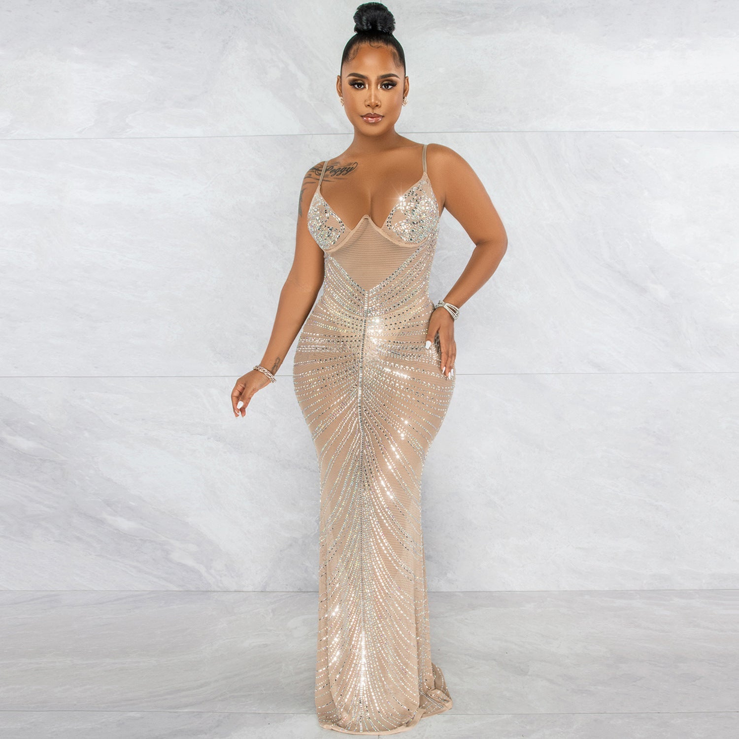Rhinestone Sexy Spaghetti Straps Corset Mesh See through Maxi Dress by Ragazza