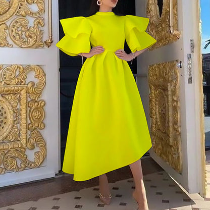 Women Wear Summer Double Layer Ruffle Sleeve Solid Color Wide Hem Dress outside by Ragazza