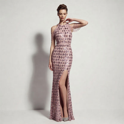 Evening Dress Sequ High Slit Tassel Shoulder Chain Cocktail Party Long Dress by Ragazza