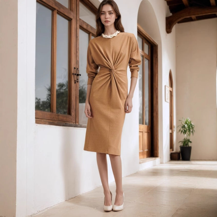 Retro Crew Neck Long Sleeve Twist Design Slim Fitting Mid Length Knitted Dress by Ragazza