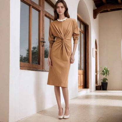 Retro Crew Neck Long Sleeve Twist Design Slim Fitting Mid Length Knitted Dress by Ragazza