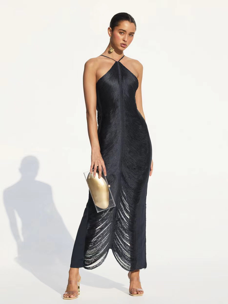 Women Tassel Back Slit Halter Dress  DestGlow