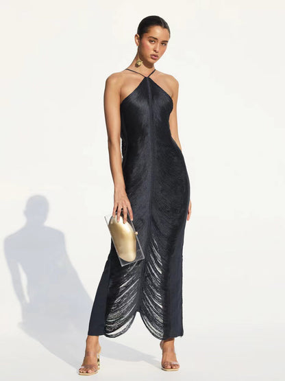 Women Tassel Back Slit Halter Dress  DestGlow