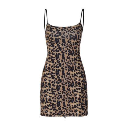 Women Clothing Summer Leopard Print Sexy Backless Lace up Waist Trimming Spaghetti Straps Dress for Women  DestGlow
