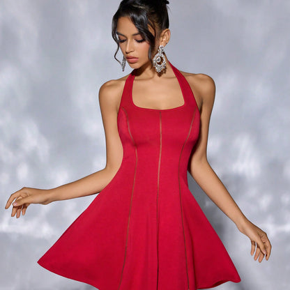 Women Clothing Solid Color Halter Lace up Tube Top Hollow Out Cutout out Stitching Cinched Short Dress Backless Tuxedo Dress by Ragazza