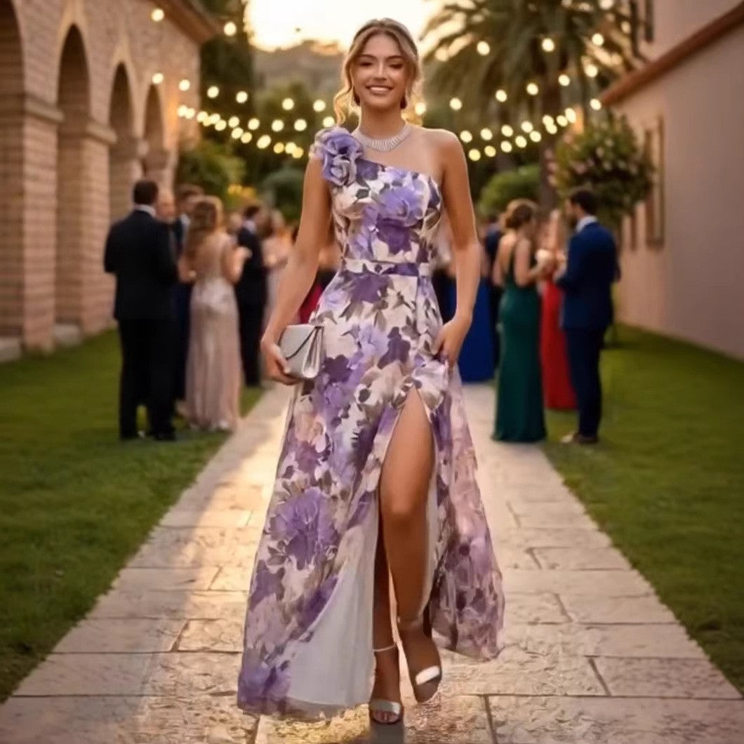 Summer Slim Fit Slimming Waist Slant Shoulder Floral Print Slit Maxi Dress by Ragazza