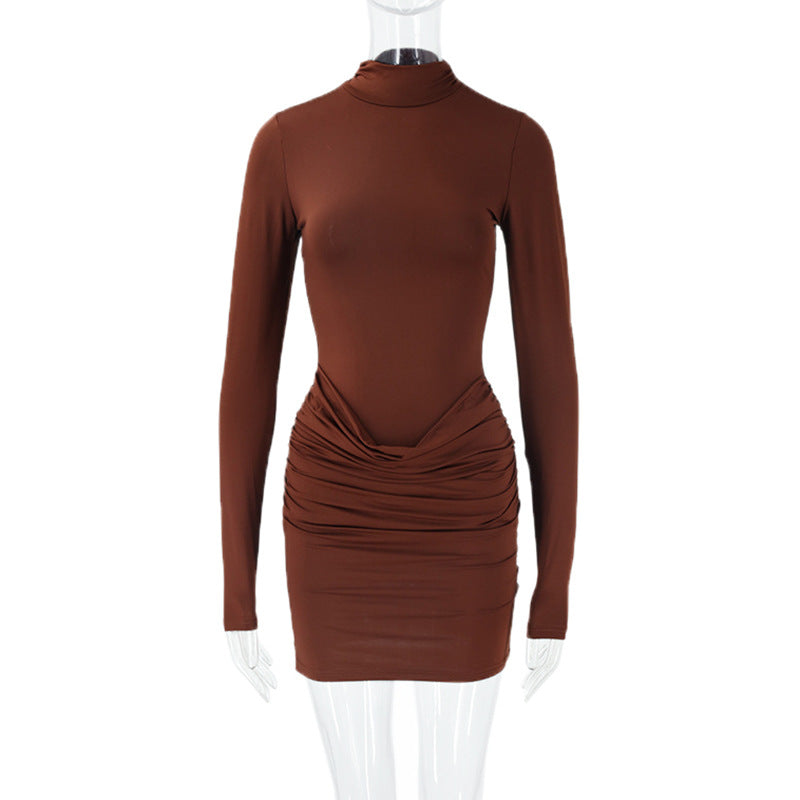 Autumn Sexy Sexy Dress Stand Collar Long Sleeve Pleated Slim Fit Niche Short Dress by Ragazza
