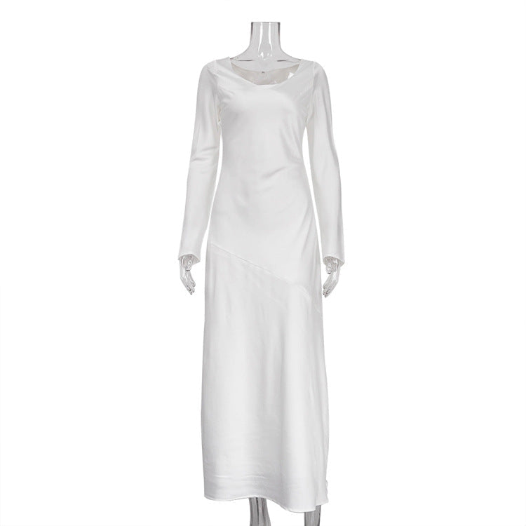 Autumn Winter Maxi Dress Women Solid Color Satin Round Neck Long Sleeve Loose Casual Dress by Ragazza