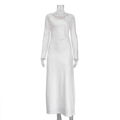 Autumn Winter Maxi Dress Women Solid Color Satin Round Neck Long Sleeve Loose Casual Dress by Ragazza
