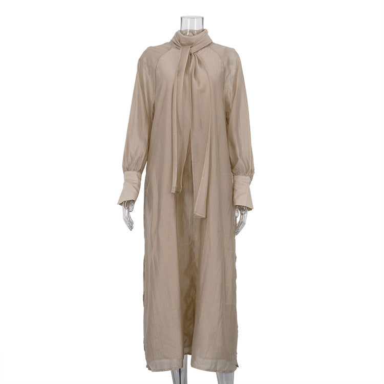 Women Clothing Stand up Collar Tie Dress Long Sleeve Side Slit Loose Casual Dress by Ragazza
